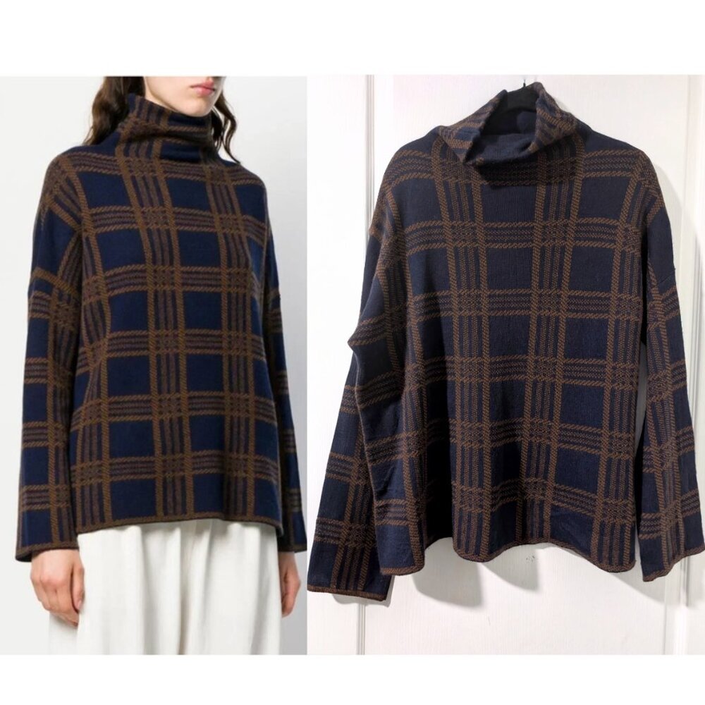 Vince | Plaid Wool Cashmere Blend Funnel Neck Sweater In Marine/Umbra